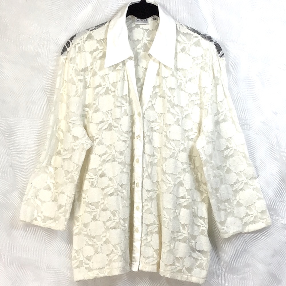 CLEO Sheer Stretch Lace Satin Collar V-Neck Three-Quarter Sleeve Blouse Sz.L